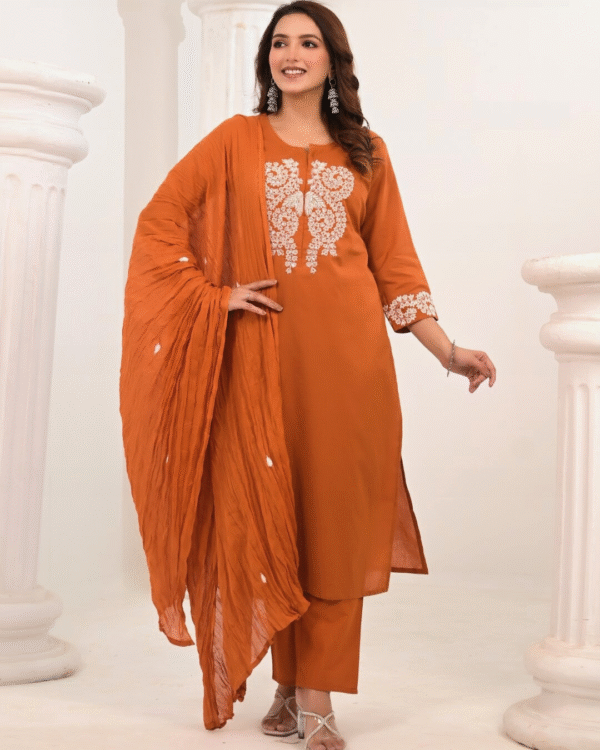 Rust Elegance – Premium Cotton Embroidered Kurti Set