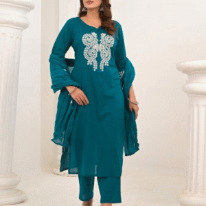 Teal Green Elegance – Premium Cotton Embroidered Kurti Set