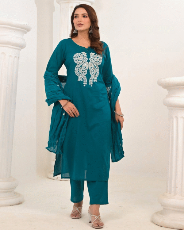 Teal Green Elegance – Premium Cotton Embroidered Kurti Set