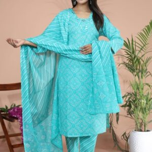 Aqua Blue A-Line Kurti Set with Dupatta