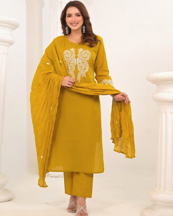 Golden Grace – Mustard Yellow Embroidered Cotton Kurti Set