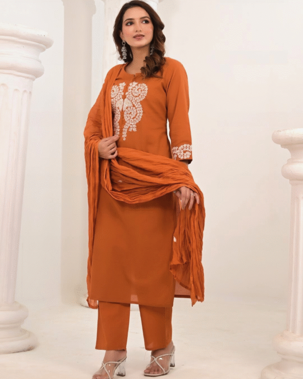 Rust Elegance – Premium Cotton Embroidered Kurti Set