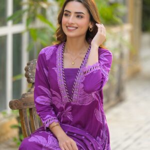 Royal Purple A-line Kurti Set with Dupatta