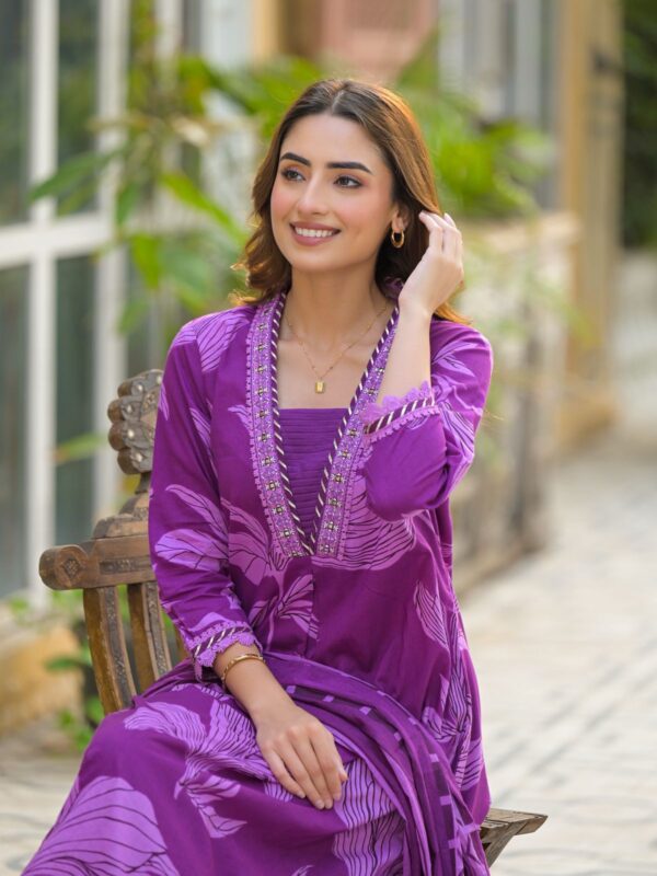 Royal Purple A-line Kurti Set with Dupatta