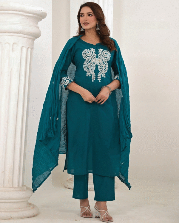 Teal Green Elegance – Premium Cotton Embroidered Kurti Set