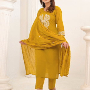 Golden Grace – Mustard Yellow Embroidered Cotton Kurti Set