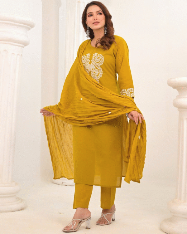 Golden Grace – Mustard Yellow Embroidered Cotton Kurti Set