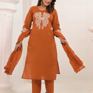 Rust Elegance – Premium Cotton Embroidered Kurti Set
