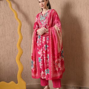 Pink Floral Anarkali Suit Set