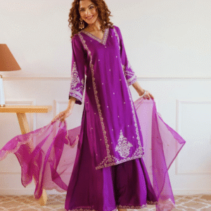Royal Purple Organza Embroidered Palazzo Set