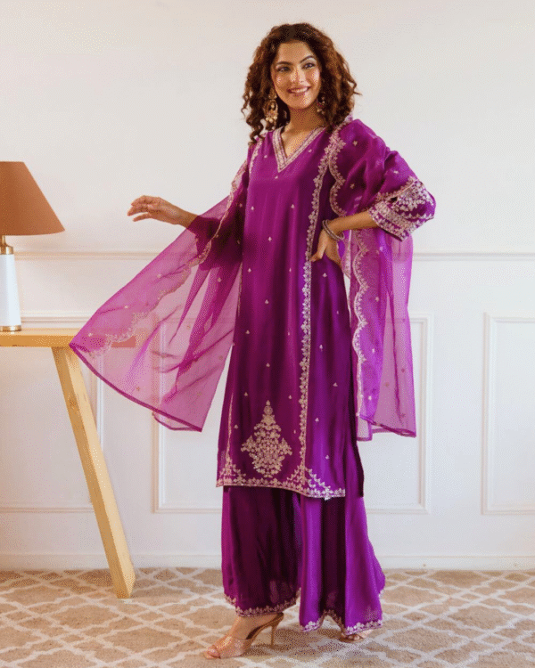 Royal Purple Organza Embroidered Palazzo Set
