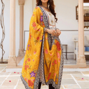 Sunlit Mustard Masleen Kurti Set with Handwork Yoke & Contrast Dupatta